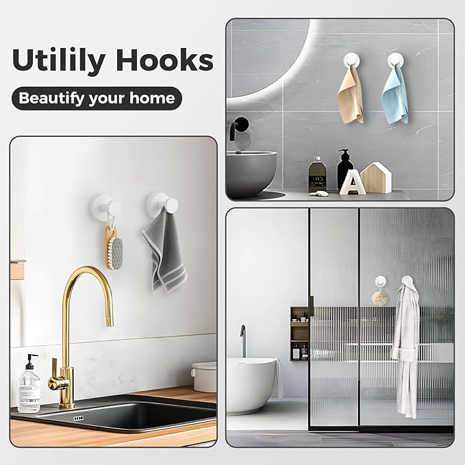 WingWider Shower Hooks for Inside Shower,Suction Cup Hooks for Glass Window,Removable Towel Hooks for Bathrooms,2 Packs(White)