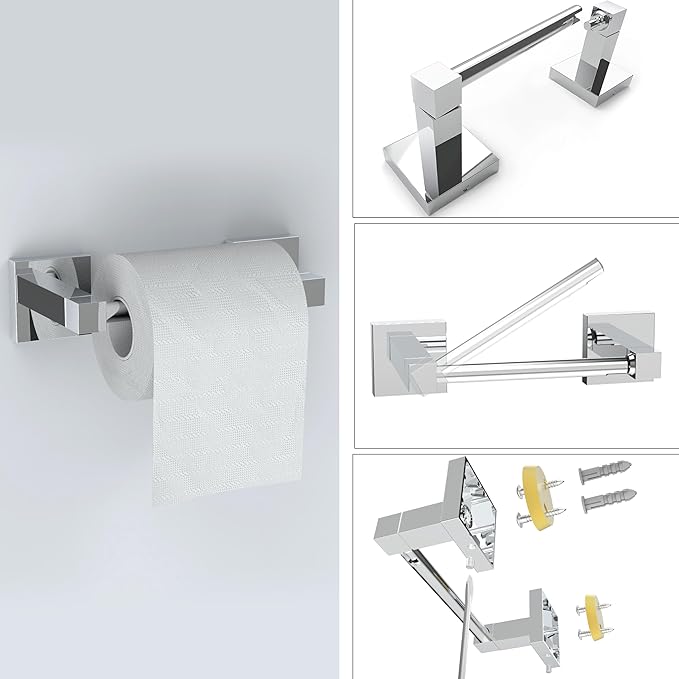 Ruacq Chrome Toilet Paper Holder Towel Ring Bathroom Accessories Hardware Set Double Post Pivoting Toilet Roll Holder Square Stainless Steel and Zinc Alloy Modern Wall Mounted 2 Pieces