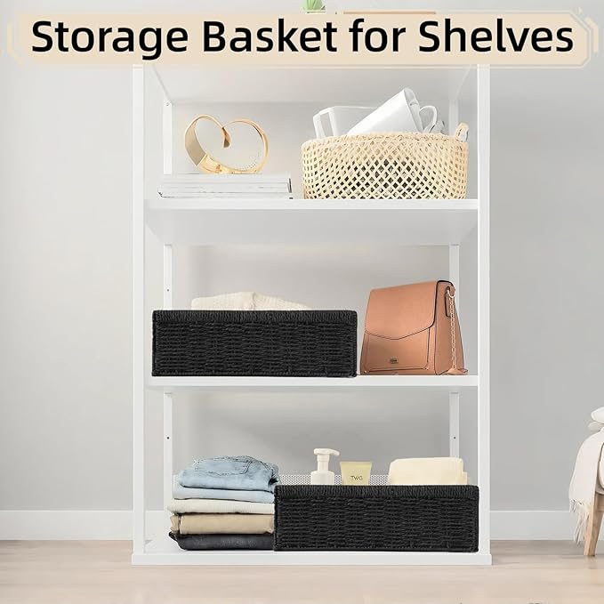 Paper Rope Storage Baskets with Handles, Wicker Storage Basket, Toilet Paper Basket for Toilet Tank Top, Bathroom Toilet Paper Storage Wicker Baskets for Organizing Shelves, 2-Pack, Black
