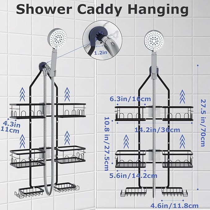 Dotpilgo Shower Caddy Hanging Upgraded Adjustable Rustproof Shower Caddy Shower Organizer for Over Handheld or Fixed Shower Heads with Hooks Soap Holder Toothbrush Holder