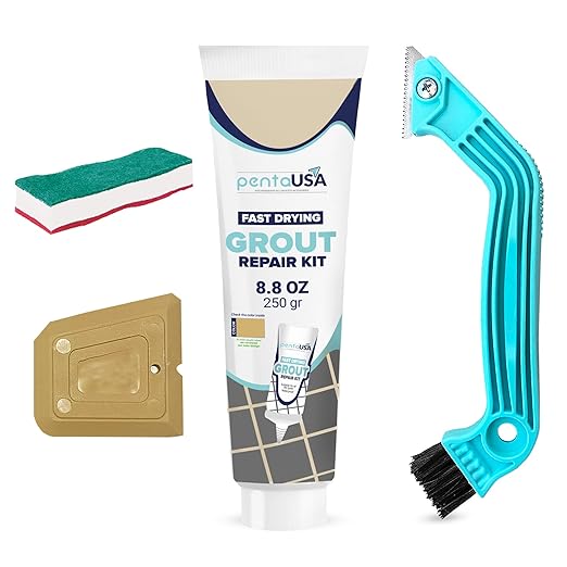 PentaUSA Grout Repair Kit with Removal Tool, Premix Grout Bundle Set, Sponge and Cleaner (8.8 Oz - 250gr) (Beige)