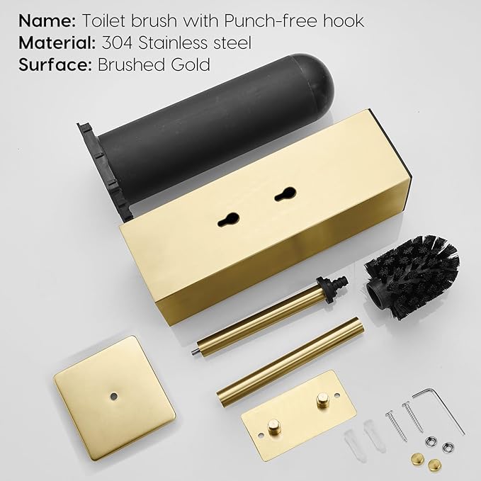 JOVYXIE Brushed Gold Stainless Steel Square Toilet Brush with Metal Lid Dual-Use Toilet Brush Holder with Drilled + Drill-Free Hook Base Includes Removable Inner Bucket (Brushed Gold)