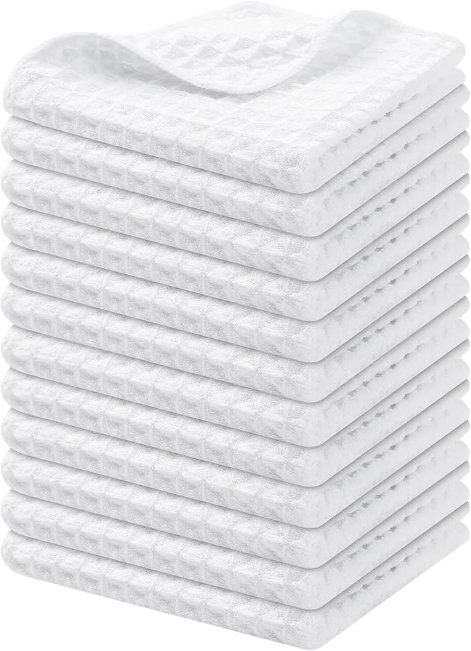 Homaxy Microfiber Waffle Weave Kitchen Dish Cloths, 12 x 12 Inch Ultra Absorbent and Solid Color Dish Towels for Kitchen Fast Drying Dishcloth for Washing Dishes, 12 Pack, White