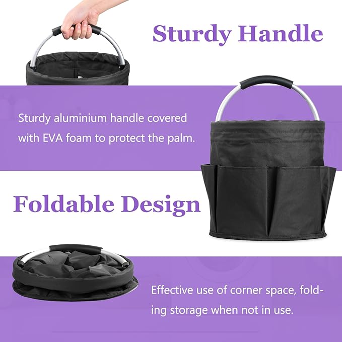 17L Cleaning Caddy with Handle and 6 Pockets, Foldable Cleaning Supply Caddy, Portable Shower Caddy in 600D Oxford Fabric, Multifunctional Storage Basket for Camping, Gardening, Black