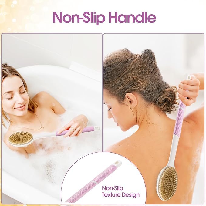 Body Scrubber Anti Slip for Shower,Shower Brush Long Handle with Stiff and Soft Bristles,Body Wash Exfoliating Back Scrubber for Bath or Dry Brushing Body Brush(Pink)
