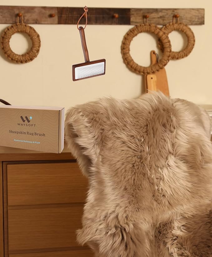 WaySoft Sheepskin Rug Brush with Premium Natural Beech Wood Handle, Restores Softness & Fluff, Gently Removes Dirt, Ideal for Sheepskin Rug Care, Includes Hanging Leather Strap for Easy Storage
