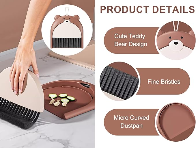 3 Pack Small Broom and Dustpan Set,Mini Portable Hanging Storage Cleaning Brush for Home Desk, Sofa, Car,Kitchen Countertops, Pet Manure Cleaning (Bear)