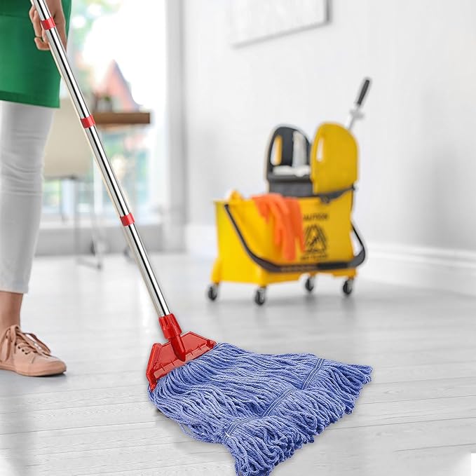 Commercial Mop with 60" Mop Handle, Heavy Duty Industrial Cotton Mops for Floor Cleaning, Looped-End String Wet Mops for Home, Kitchen, Garage, Office, Workshop, Warehouse Concrete/Tile Floor