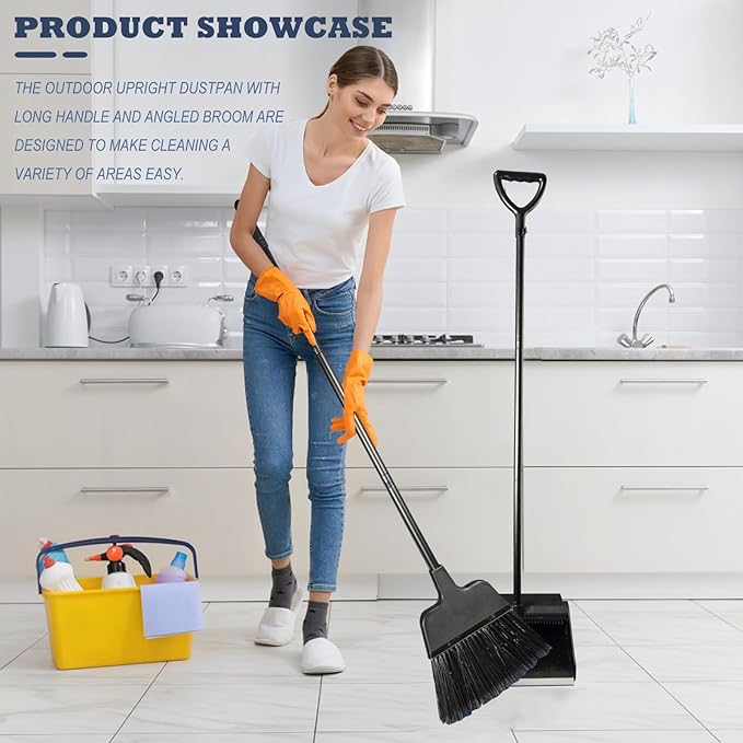 NBGYTECH Broom with Dustpan Combo Set Outdoor Upright Dustpan and Broom Set with Long Handle Angle Broom and Dustpan Set for Garage Patio Courtyad Lobby Lawn Home Kitchen Ofiice