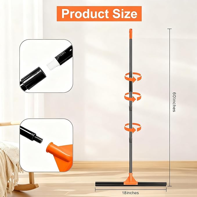 Heavy Duty Floor Squeegee with Long Handle, 18" Rubber Wiper Broom for Concrete Tile Cleaning Commercial Scrubber Mop for Garage Deck Bathroom Kitchen Pool Glass