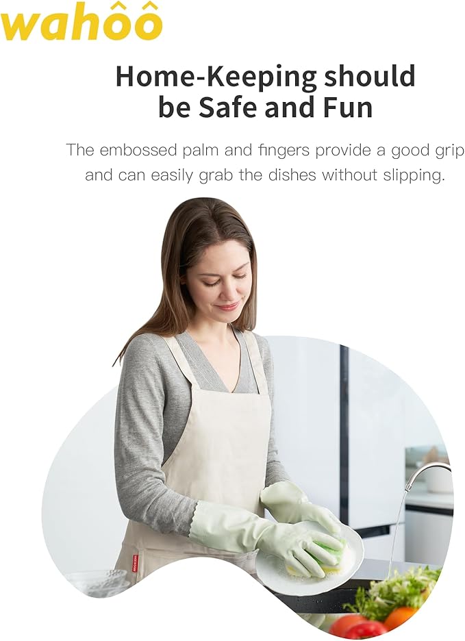 wahoo Skin-Friendly Cleaning Gloves, Reusable Dishwashing Gloves with Flocked Cotton Liner, Dishwashing, Kitchen, Canary Green, Medium