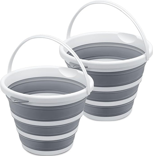 2-Pack Collapsible Bucket 2.6 Gal/10L, BPA-Free - Space-Saving, Portable Foldable Water Pail for Versatile Use, Home, Outdoors, Car Wash, Camping, Fishing - Grey