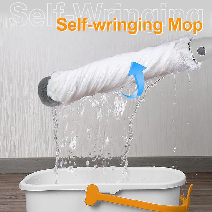 TRENNCHI Self Wringing Mop for Floor Cleaning with 2 Reusable Heads, Easy Wringing Twist Mop with 55 Inches Long Handle and Top Scouring Pad, Wet and Dry Mops