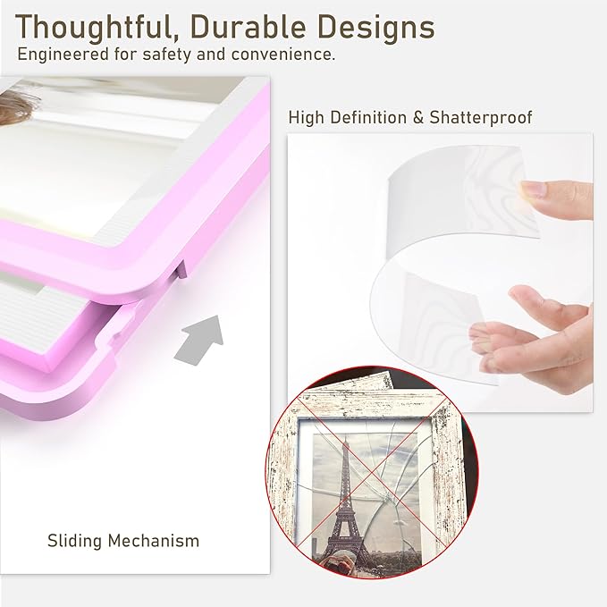 2-Pack 5x7 Picture Frame or 4x6 with Mat – Shatterproof Plastic Picture Frames for Family, Nursery & Playroom, Wall & Tabletop Frame for Home or Office, Safe Lightweight Design, Dreamy Pink