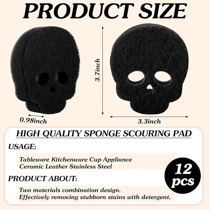 Tioncy 12 Pack Halloween Sponges Bulk Scrubber Black Skull Sponges Dual Sided Dishwashing Non Scratch Skull Kitchen Accessories Dish Scouring