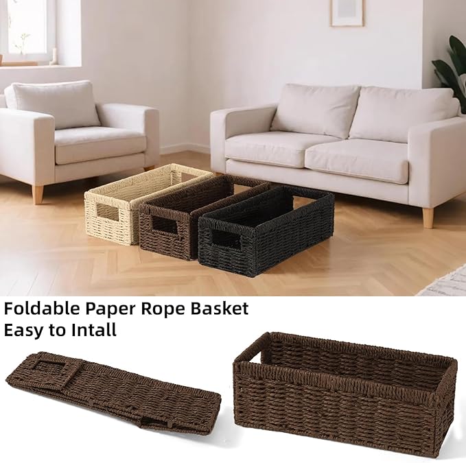 Paper Rope Wicker Baskets with Handles, 2 Pack Storage Basket, Rectangle Wicker Basket, Small Wicke Baskets for Organizing Shelves, Toilet Paper Storage Basket for Bathroom, Brown