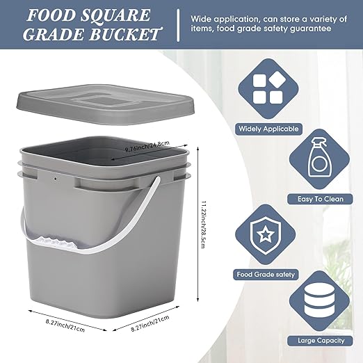 Mumufy 5 Pcs 3.5 Gallon Square Food Grade Bucket with Lid Square Bucket Pail with Plastic Handles for Storing Dry Food, Charcoal, Camping, Fishing (Gray)