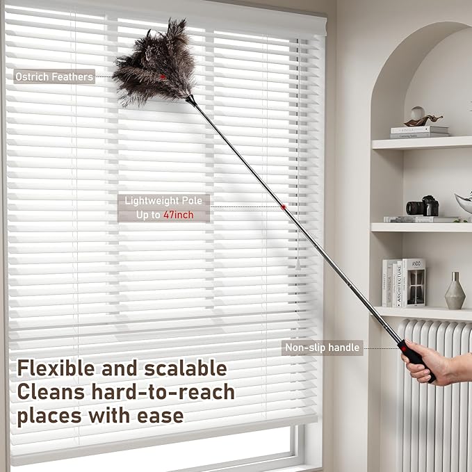 MehelloFeather Ostrich Feather Duster 16.5-47Inch Reusable Fluffy Natural Detachable Ostrich Feather Duster Used for Household Cleaning and High-Altitude Cleaning (1PCS)