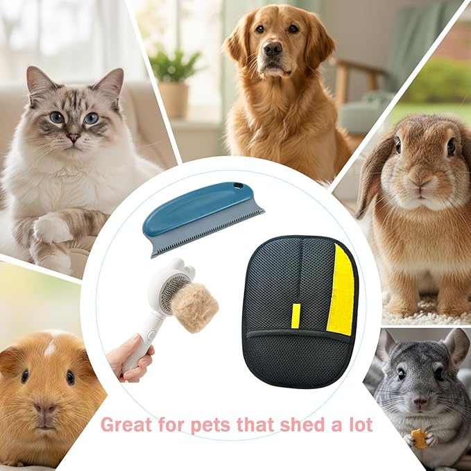 5Pcs Pet Hair Remover Glove Kit for Dogs & Cats - 2 Pack Grooming Gloves & Rubber Brush & Comb - Reusable Pet Hair Remover for Laundry for Furniture Carpet Car Interior Couch Bedding Auto Detailing