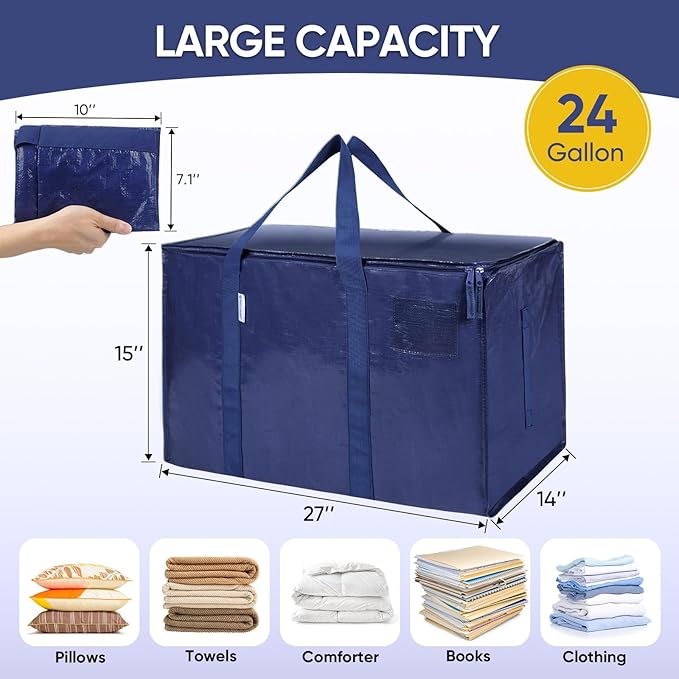 TICONN 6 Pack Extra Large Moving Bags with Zippers & Carrying Handles, Heavy-Duty Storage Tote Moving Boxes for Space Saving (6 Pack, Navy)