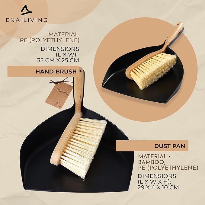 ENA Living Bamboo Dust Pan & Brush Set, Portable Dustpan & Brush, Perfect For Household Cleaning, Sturdy & Effective Dust Pan, Bamboo Sweeping Brush - Standard