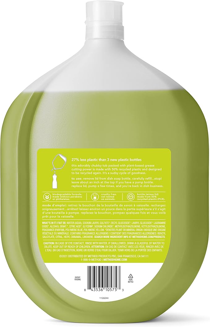 Method Gel Dish Soap Refill, Lime + Sea Salt Scent, Powerful Cleaning Formula, Large Refill Tub, Biodegradable Formula, Cuts Through Grease, 54 Fl Oz (Pack of 4)