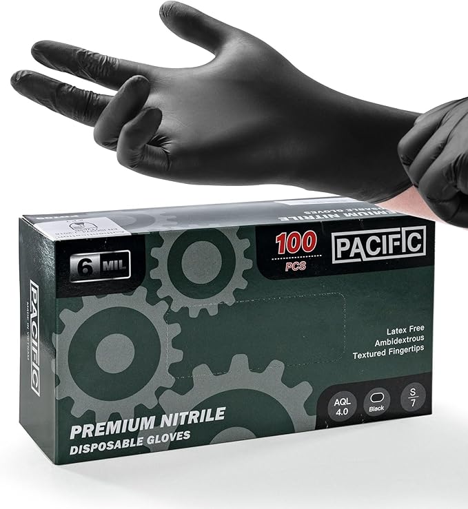 PACIFIC PPE 6-mil Black Nitrile Disposable Gloves, Food-Safe, Powder-Free, Cleaning, Textured Fingertips, Latex-Free, Small