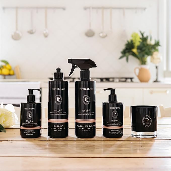 Preston Lane Signature Set, Includes All Purpose Cleaner, Dish Soap, Hand Wash, Hand Cream, & Scented Candle, Mayfair