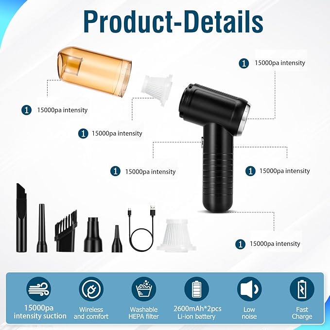 infoblaeze Car Vacuum Cleaner Portable Handheld Vacuum Cordless 15000Pa Mini Wireless Vacuum Cleaner for Car Home Pet Hair Office Cleaning Supplies