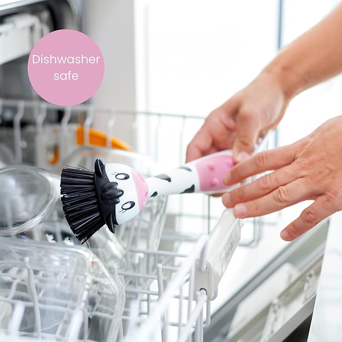 Vigar Moo Cow-Shaped Soap Dispensing Dish Brush, Dish Brush with Soap Dispenser for Pot Scrubber, Dishes, Sink, and Kitchen Essentials, White, Black