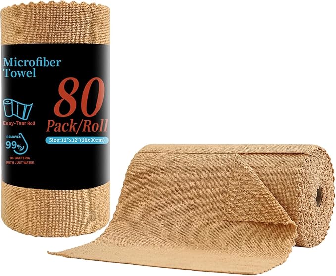 Tigona 80 Pack Microfiber Cleaning Cloth Roll,Lint Free Rags & Tear Away Reusable Towels Washable Scratch,Ultra Absorbent Dish Rags(12" x 12") for Car Kitchen Home Garage-Dark Coffee