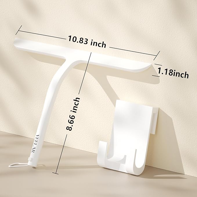 VEELAR Shower Squeegee for Shower Glass, Bathroom Glass Cleaning Tool with Hook Mount, Squeegee for Glass Doors, Window Cleaning, Tile Shower Walls (White)