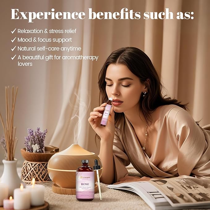 Rose Essential Oil (4 oz/120 ml) — Rose Oils for Aromatherapy, diffusers, humidifiers, Home fragrances, DIY Skincare, soap Making, DIY Candle, Relaxation, Yoga, and Meditation