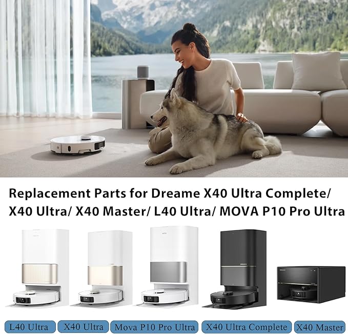 Replacement Parts for Dreame L40 Ultra/X40 Ultra Complete/X40 Ultra/X40 Master/MOVA P10 Pro Ultra/Mova P50 Pro Ultra, Accessories 1 Main Brush, 4 Dust Bags, 6 Wipe Pads, 4 HEPA Filters, 4 Side Brush