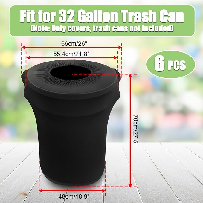 BTSKY 6 Pcs Black Round Trash Can Cover 32 Gallon Stretch Spandex Trash Can Covers Outdoor Decorative Trash Bin Covers for Outside Wedding Parties Commercial Fundraiser Decor