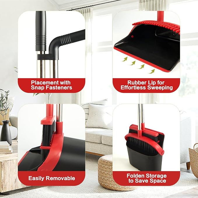 XXFLOWER Broom and Dustpan Set for Home, Broom with Dustpan Cleaning Teeth Combo Set, Indoor Sweep Broom with Long Handle for Office Home Kitchen Lobby Floor (Black Red)