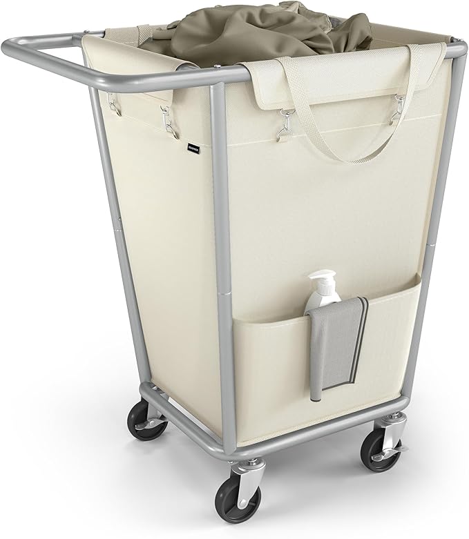 SONGMICS Laundry Basket with Wheels, 34.3 Gallons (130 L) Rolling Laundry Hamper with Removable Bag, Heavy-Duty Steel Frame with Handle, Cream White URLS008W01