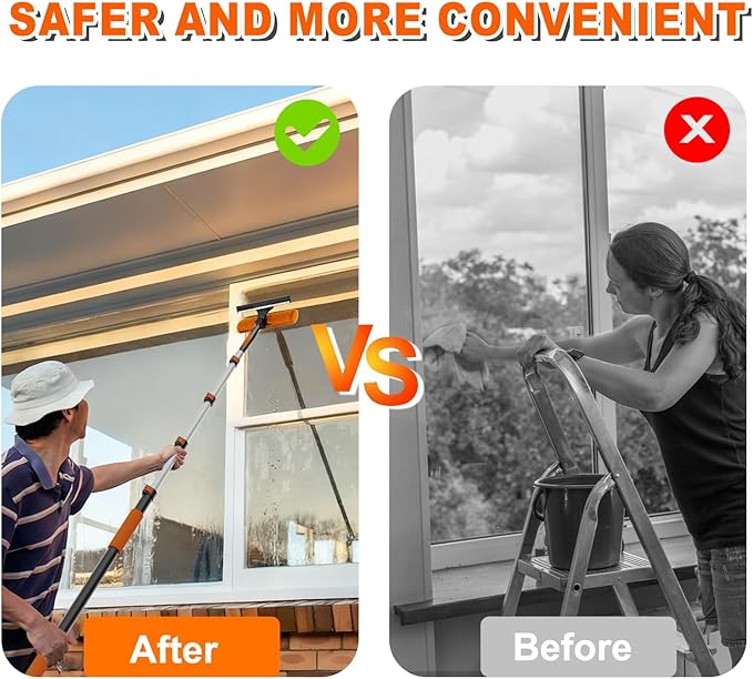 SISUPASSIE 20FT Reach 2-in-1 Window Squeegee, Professional Window Washing Kit with 3-12FT Extension Pole for Home, Indoor Outdoor Squeegee with Rotatable Head for High Windows