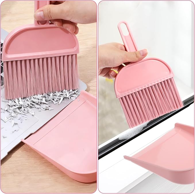 Pink Small Broom and Dustpan Set, Mini Dustpan and Brush Set, Small Hand Broom and Dust Pan Sets for Home Sofas Kitchen Countertops Storage Shelves Office Desks Bathrooms and Pet Areas