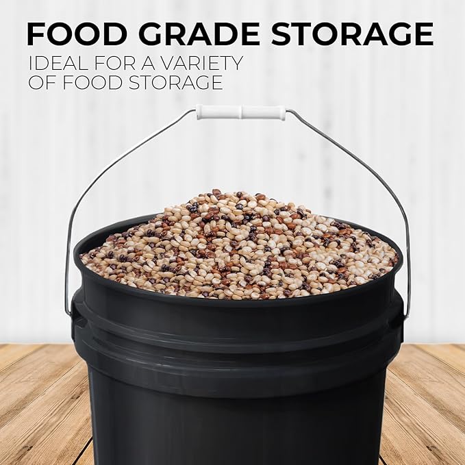 5-Gallon Black Bucket Pail with Gamma Seal Screw on Airtight Lid, Metal Handles with Plastic Grip for Easy Carrying, Easy Stack and Store, Heavy-Duty 90MIL Extra Durable, Food Grade, BPA Free - 1 Pack