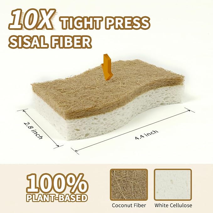 Biodegradable Natural Kitchen Sponge, Compostable Cellulose and Coconut Scrubber Eco-Friendly Dishwashing Sponge, 12 Pack Household Cleaning Foam for Dishes