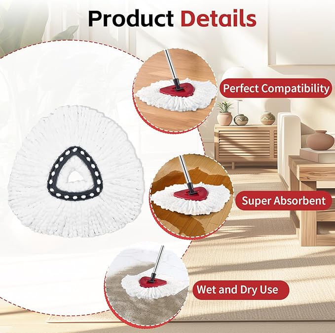 ANREKEYH Spin Mop Replace Head, Base, Handle Compatible with O Cedar EasyWring Microfiber Spin Mop, 4 Mop Refills Replacement Heads, 30-58in Mop Handle and 1 Mop Base Combo Set (White (1-Tank System))