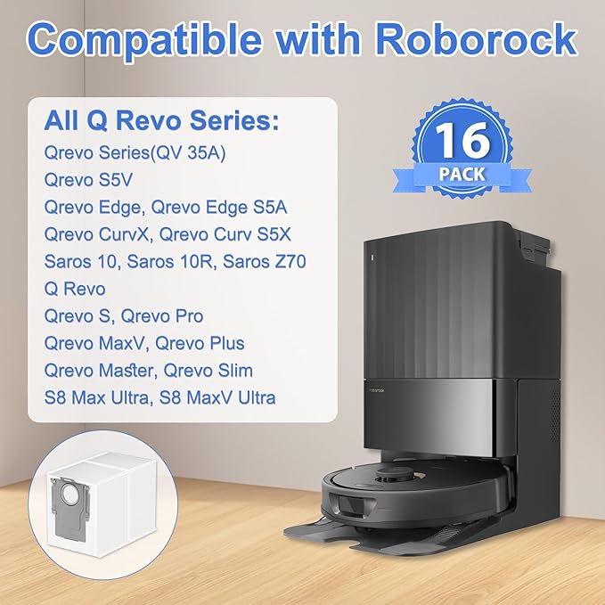 16 Packs Q Revo Dust Bags for Roborock QV 35A/QV 35S/Qrevo S5V/Saros 10/10R/Qrevo/Q RevoS/Qrevo Pro/Plus/MaxV/Master/Curv S5X/Edge S5A/S8 MaxV/S8 Max Ultra Robot Vacuum Cleaner, 3.5L Large Capacity