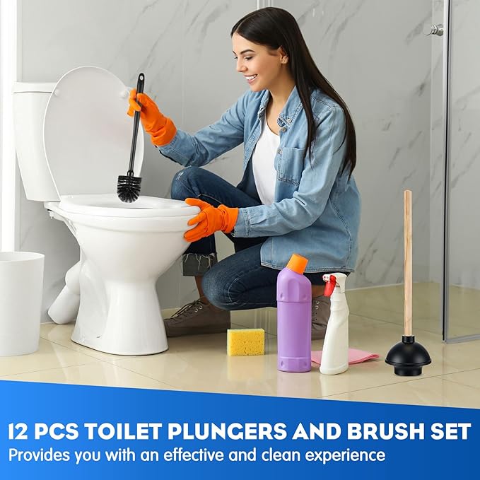 Sawysine 12 Pcs 18 Inch Toilet Plungers and 16.54 Inch Toilet Bowl Cleaning Brush Heavy Duty Commercial Plungers with Double Thrust Force Rubber Suction Cup for Bathroom Household Stores Restaurants