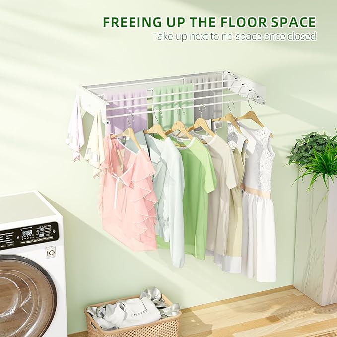 Wall Mounted Drying Rack for Laundry 40'', Folding Drying Rack Clothing Wall Mount with 5 Rods and 6 Hooks, Space Saving for Indoor Outdoor Bathroom Balcony (White, 40'')