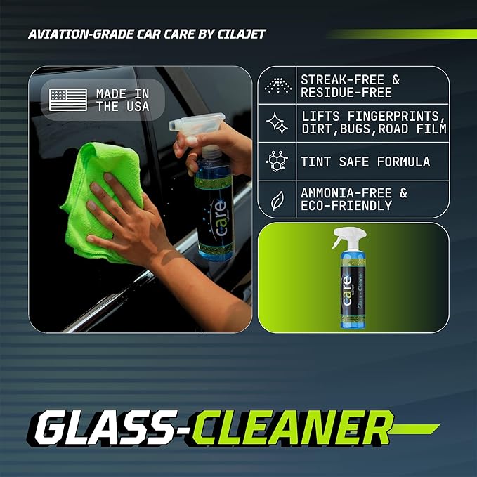 Cilajet Care Glass Cleaner (16 oz) - Auto Window Cleaner for Car and Truck Windows, Windshields, Mirrors Professional Strength, Streak-Free Window Cleaning Kit, Safe for Tinted Windows, Made in USA 