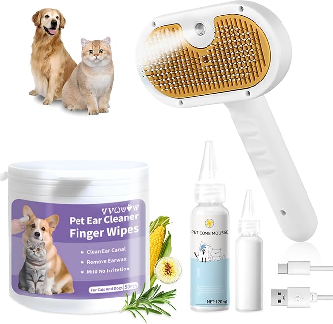 VVWVVW Pet Steam Brush for Dog & Cat – 3-in-1 Spray Hair Removal Comb – Steam for Shedding & Grooming – Water Brush for Long & Short Haired Pets – Spritz Defur Comb