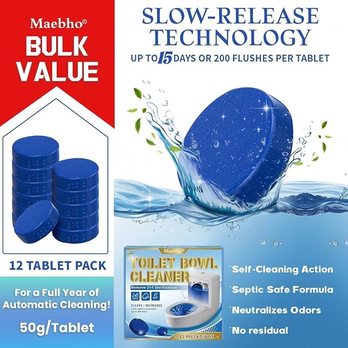 Maebho Automatic Toilet Bowl Cleaner Tablets,Blue Gel In-Tank Cleaner, Removes Hard Water Rings & Stains, Septic Safe, Cleaning & Deodorize, Fresh Scent, 12-Pack,50g Each