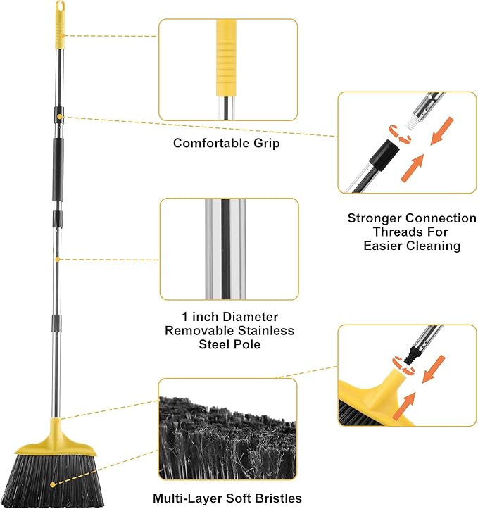 FRAXIR 3 Pack Outdoor Heavy Duty Broom 59 Inch - Commercial Grade for Patio, Garage, Restaurant, Lobby, Mall, Market, Office, Kitchen, Driveway, and Warehouse Cleanup