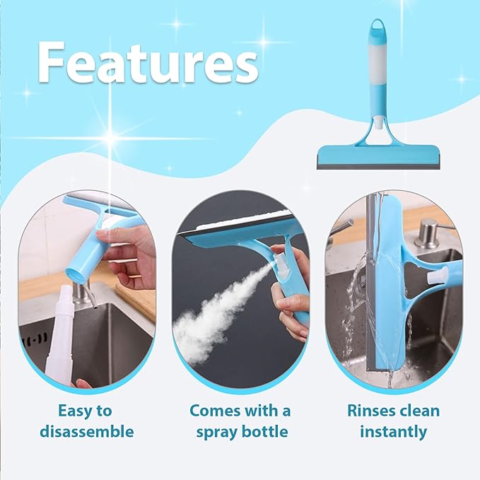 CUNBIYINA 3 in 1 Window Cleaning Scraper Shower Squeegee for Glass Doors Mirror with Sprayer Squiggy for Windshield Cleaner Tool Washing Spray Home Floor Scraper(Blue)